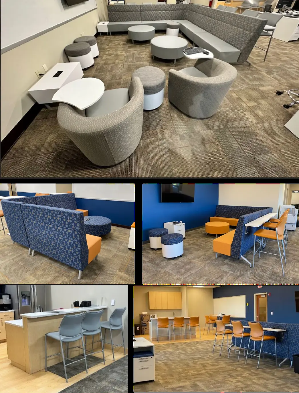 A collage of photos of a kitchen with a table and a sink