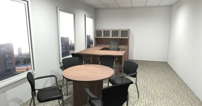 A large office with a large wooden desk