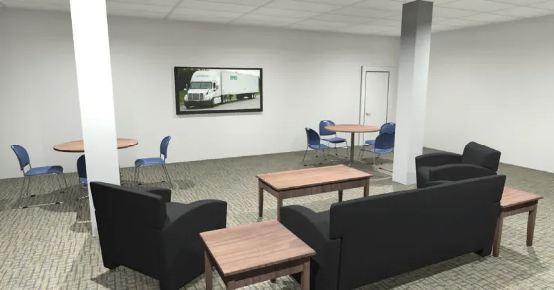 A room with a couch chairs tables and a tv
