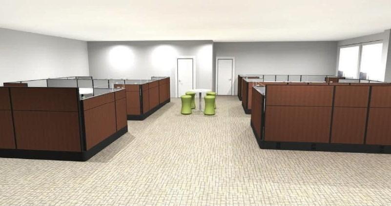 A room with a table and a wall with a bunch of chairs