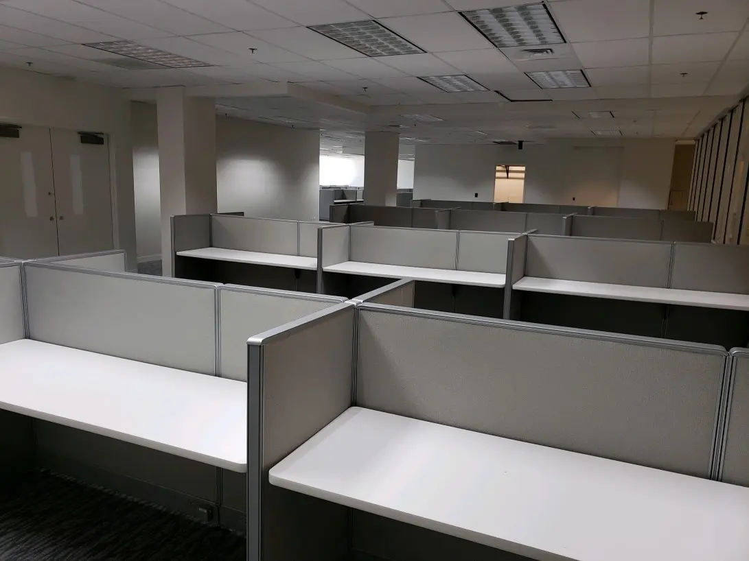 A row of empty seats in a room